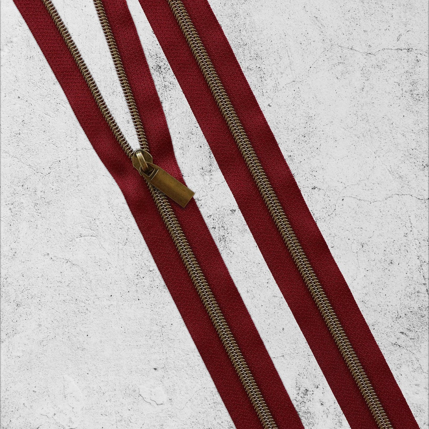 Burgundy Red & Antique Gold Brass Bronze Zipper By The Yard + Pulls from Sallie Tomato - 3 Yards, Size #5, 9 Pulls INCLUDED