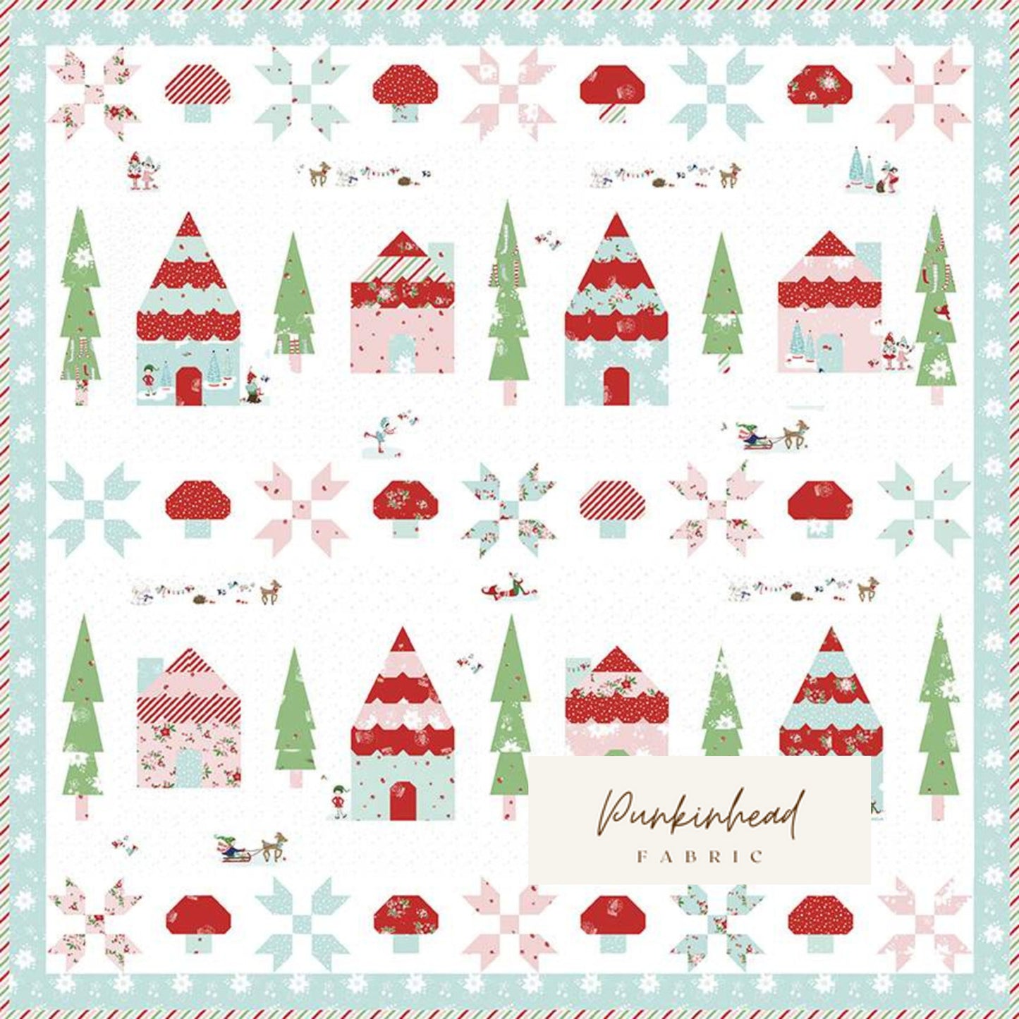 Tasha Noel Pixie Ville Christmas Quilt Kit by Riley Blake, Holiday Winter Tree Elf Cotton Quilt Fabric by the Yard, Christmas Fabric