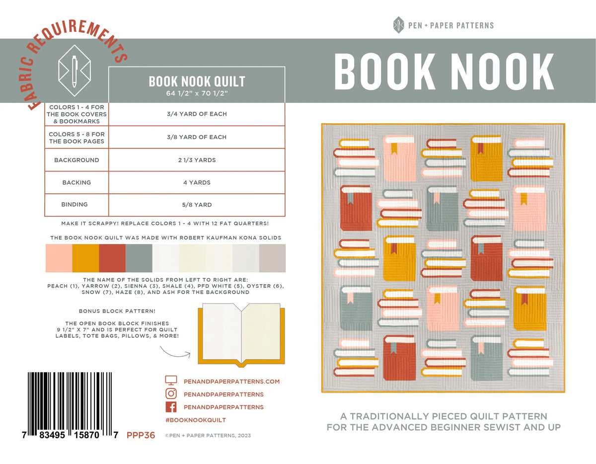 Book Nook Quilt Pattern by Pen + Paper Patterns - PAPER Pattern, Modern Quilt Pattern, Book Quilt Pattern