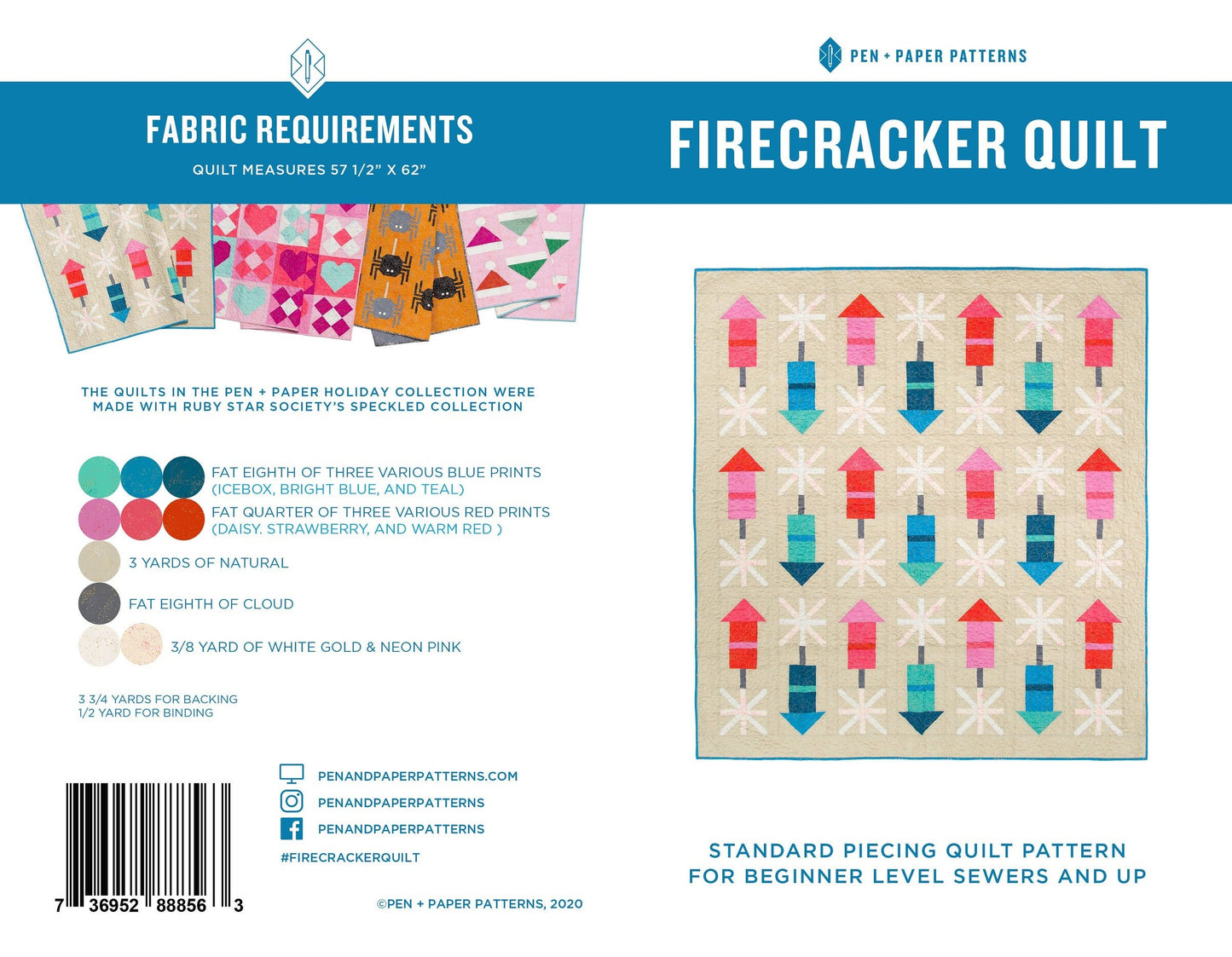 Firecracker Quilt Pattern by Pen + Paper Patterns PAPER Pattern Modern Patriotic July 4th Fireworks Fourth of July Quilt Pattern
