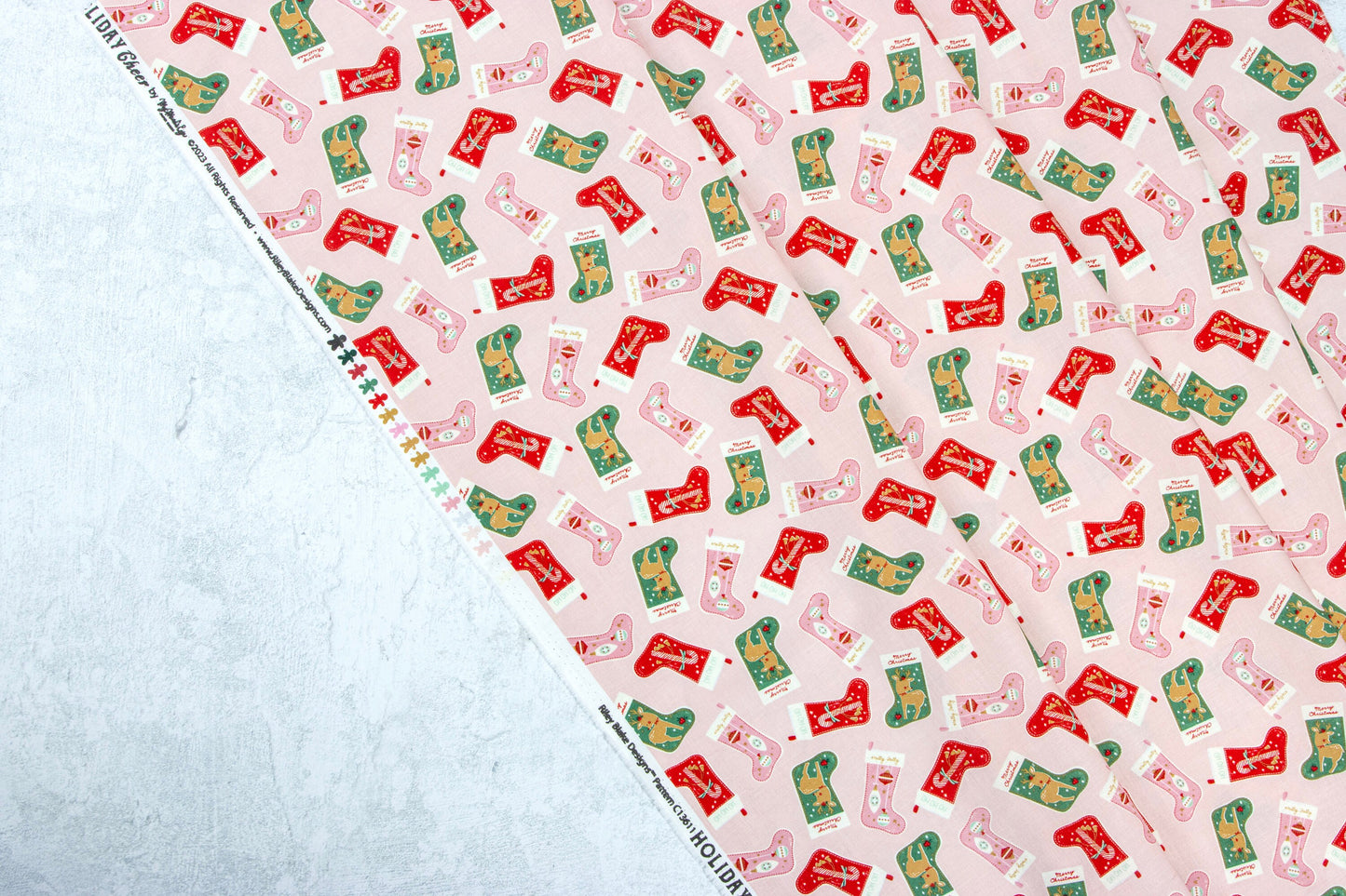 Holiday Cheer Christmas Stockings in Pink by Riley Blake Cotton Quilting Fabric by the Yard, Vintage Christmas Fabric