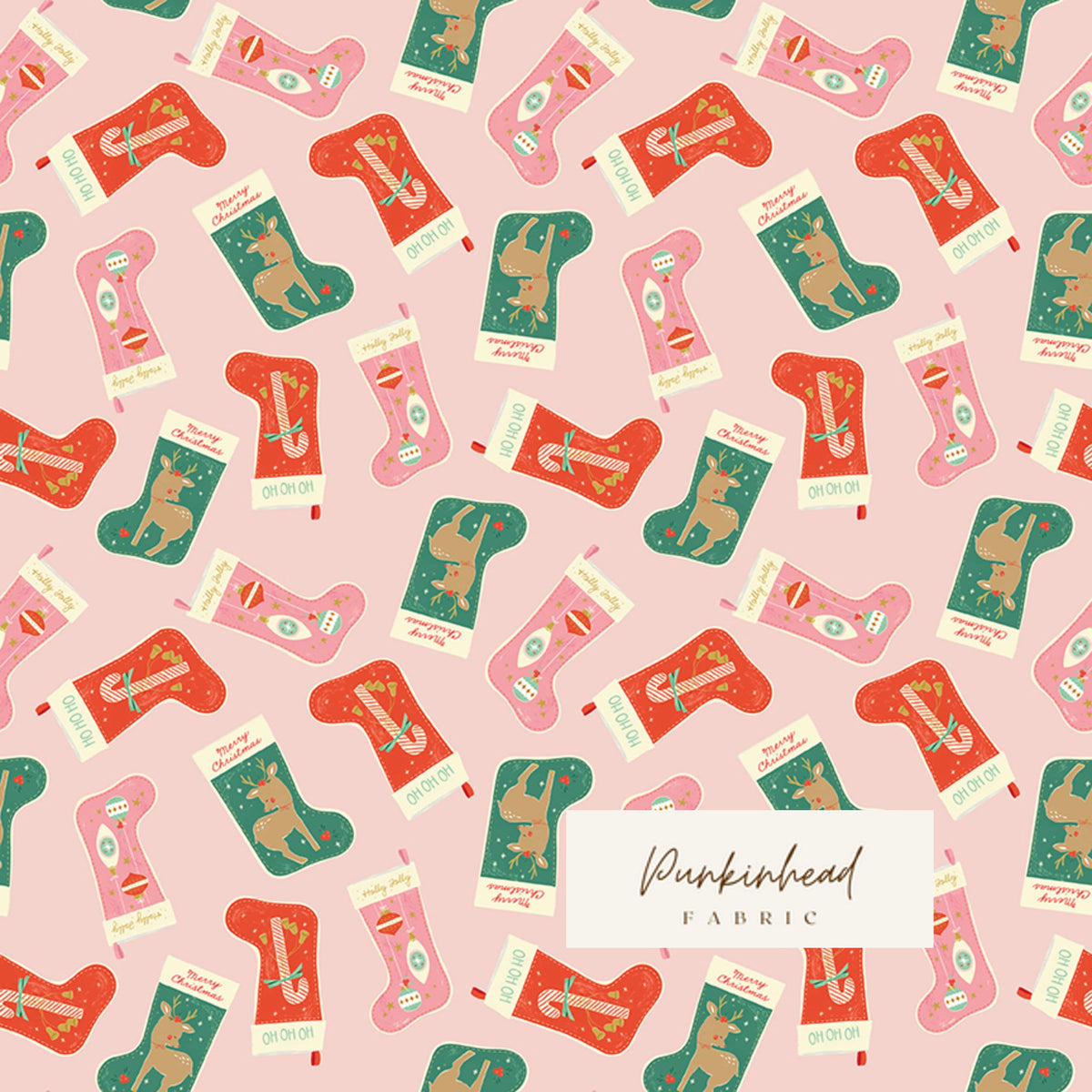 Holiday Cheer Christmas Stockings in Pink by Riley Blake Cotton Quilting Fabric by the Yard, Vintage Christmas Fabric