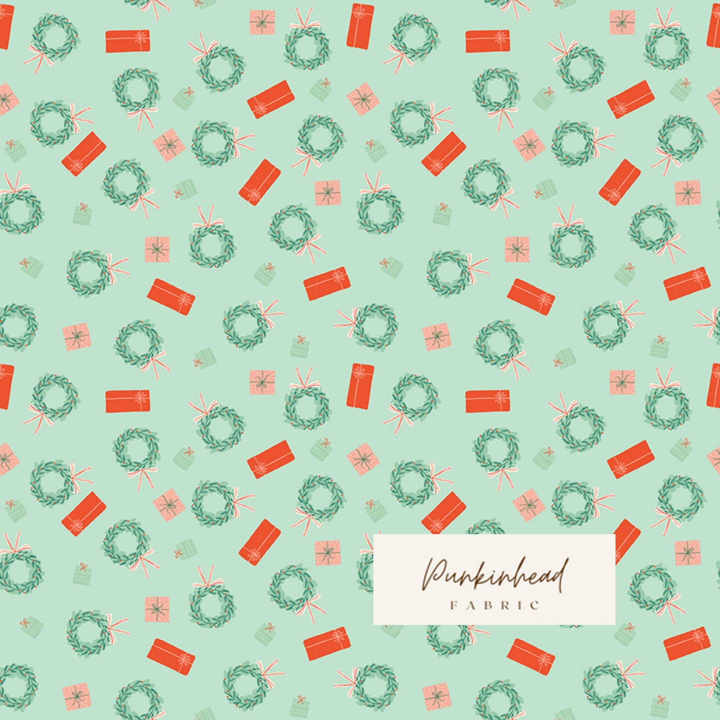 Holiday Cheer Christmas Wreaths & Presents Gifts in Mint Green by Riley Blake Cotton Quilting Fabric by the Yard, Vintage Christmas Fabric