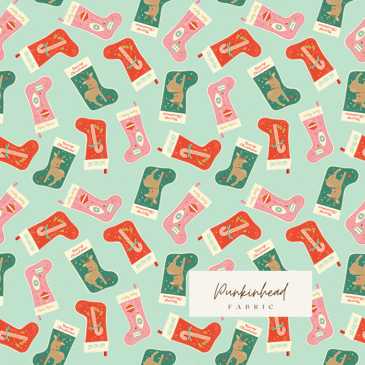 Holiday Cheer Christmas Stockings in Mint by Riley Blake Cotton Quilting Fabric by the Yard, Vintage Christmas Fabric
