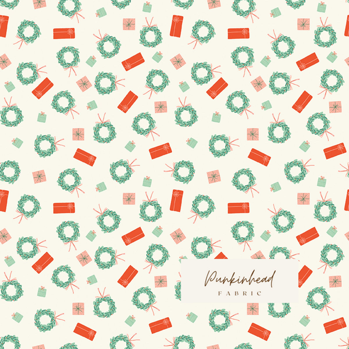 Holiday Cheer Christmas Wreaths & Presents Gifts in Cream by Riley Blake Cotton Quilting Fabric by the Yard, Vintage Christmas Fabric