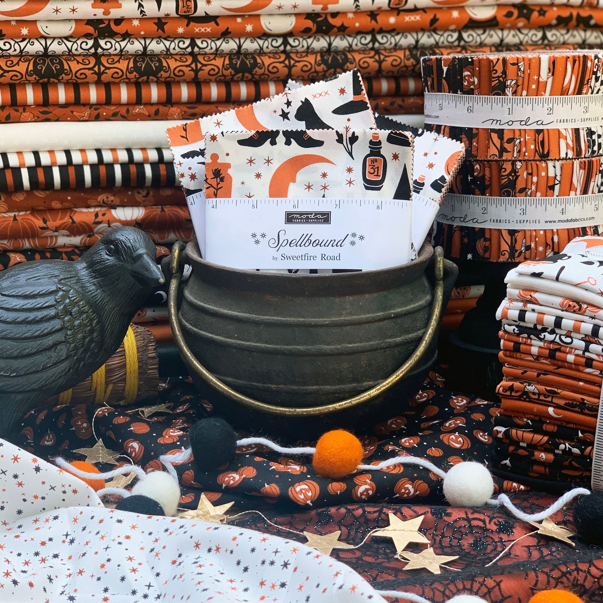 Spellbound Black Cauldron Pumpkin Halloween Fall Cotton Quilting Fabric by Sweetfire Road for Moda, Quilting Fabric by the yard