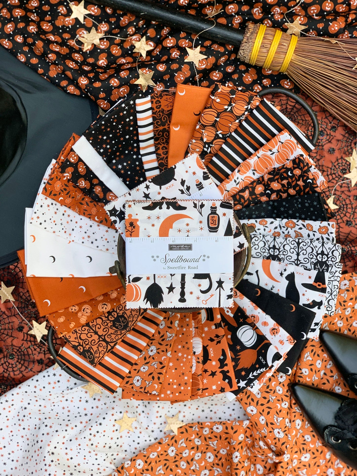 Spellbound Black Cauldron Pumpkin Halloween Fall Cotton Quilting Fabric by Sweetfire Road for Moda, Quilting Fabric by the yard