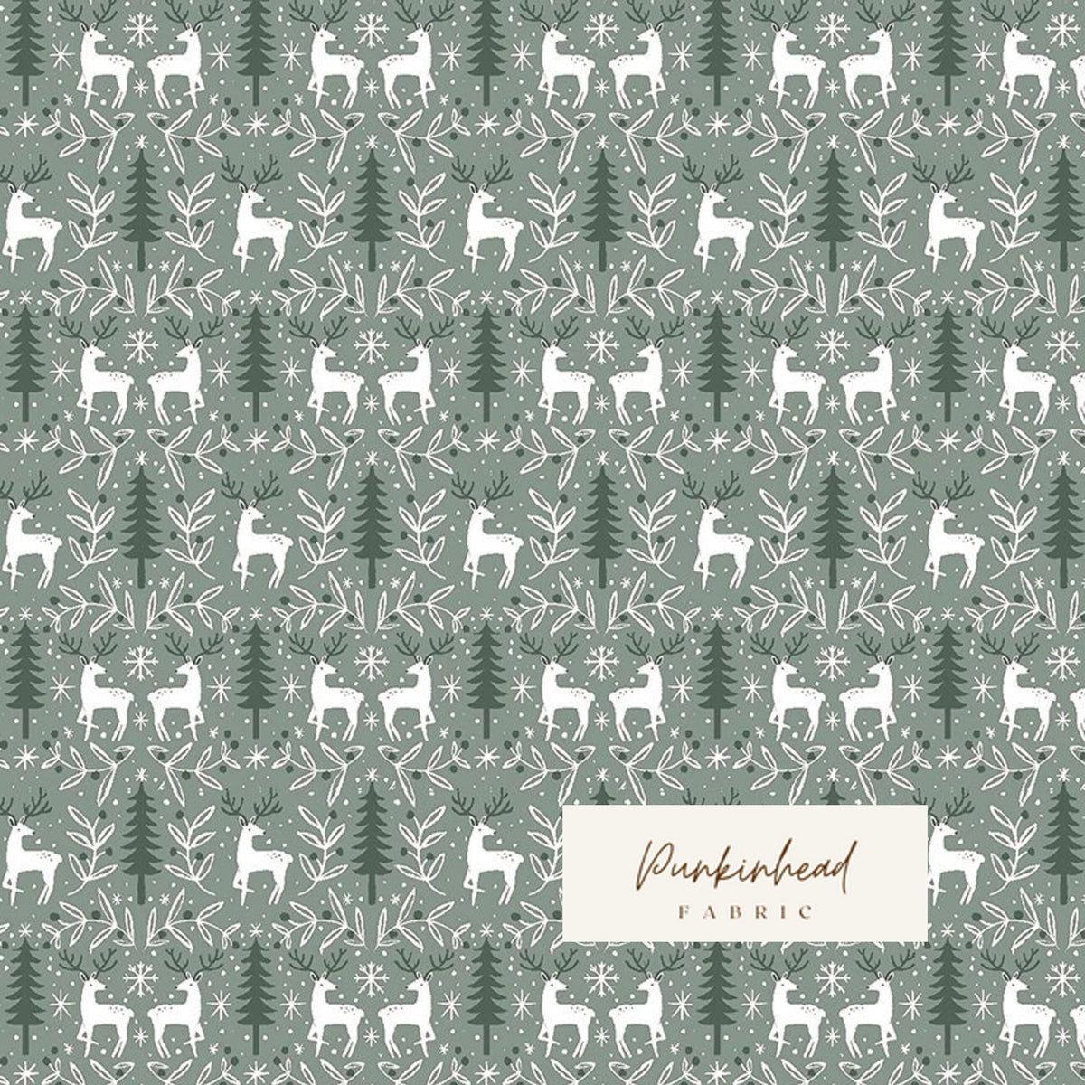 Dear Stella Best in Snow Christmas Reindeer Toile Moss Green Christmas Tree Winter Holiday Cotton Quilting Fabric by the Yard