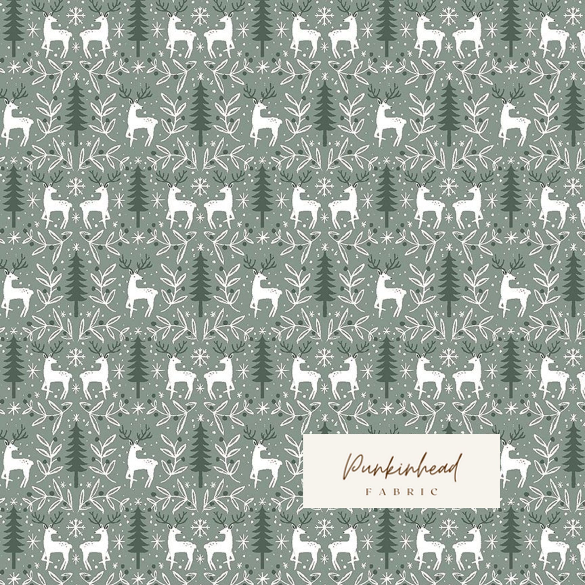 Dear Stella Best in Snow Christmas Reindeer Toile Moss Green Christmas Tree Winter Holiday Cotton Quilting Fabric by the Yard