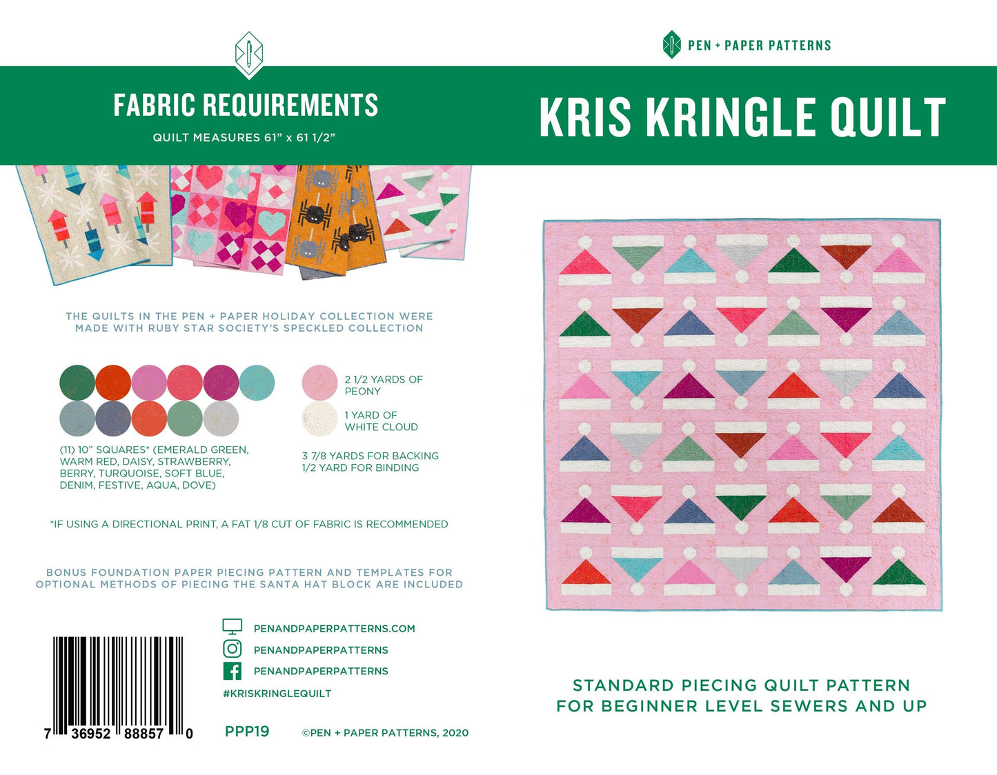 Kris Kringle Christmas Quilt Pattern by Pen + Paper Patterns PAPER Pattern Santa Winter Holiday Modern Quilt Pattern