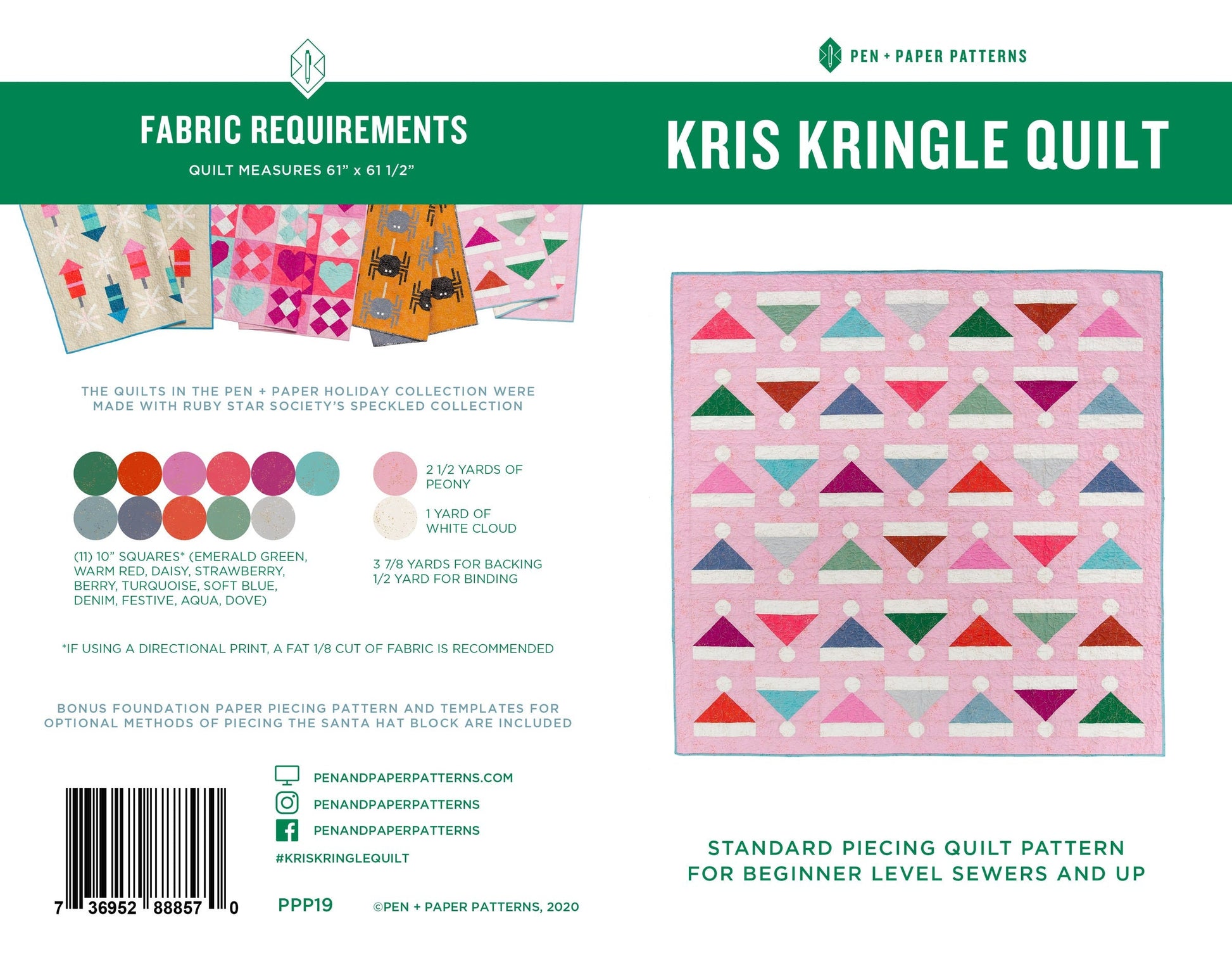 Kris Kringle Christmas Quilt Pattern by Pen + Paper Patterns PAPER Pattern Santa Winter Holiday Modern Quilt Pattern