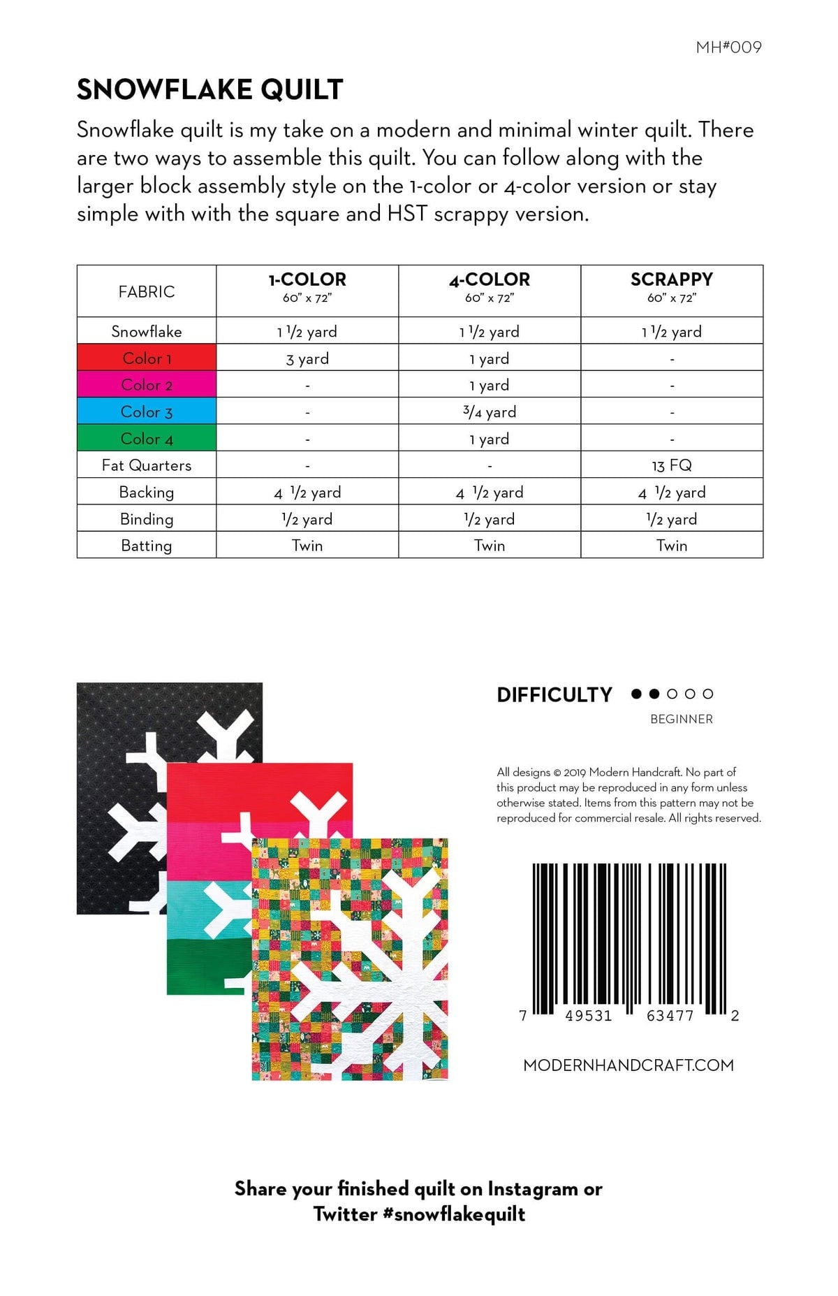 Snowflake Quilt Pattern by Modern Handcraft - PAPER Pattern Christmas Winter Holiday Modern Quilt Pattern