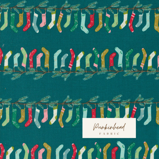Cozy Wonderland Stocking Teal by Fancy That Design House Moda Retro Vintage Christmas Holiday Cotton Quilting Fabric by yard