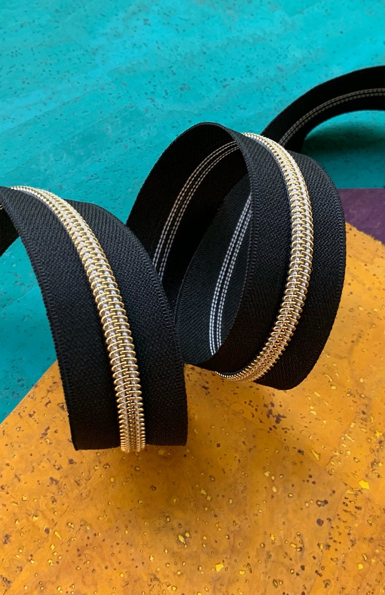 Black & Gold Zipper By The Yard from Sassafras Lane Designs - 3 Yards, Size #5 - PULLS NOT INLCUDED