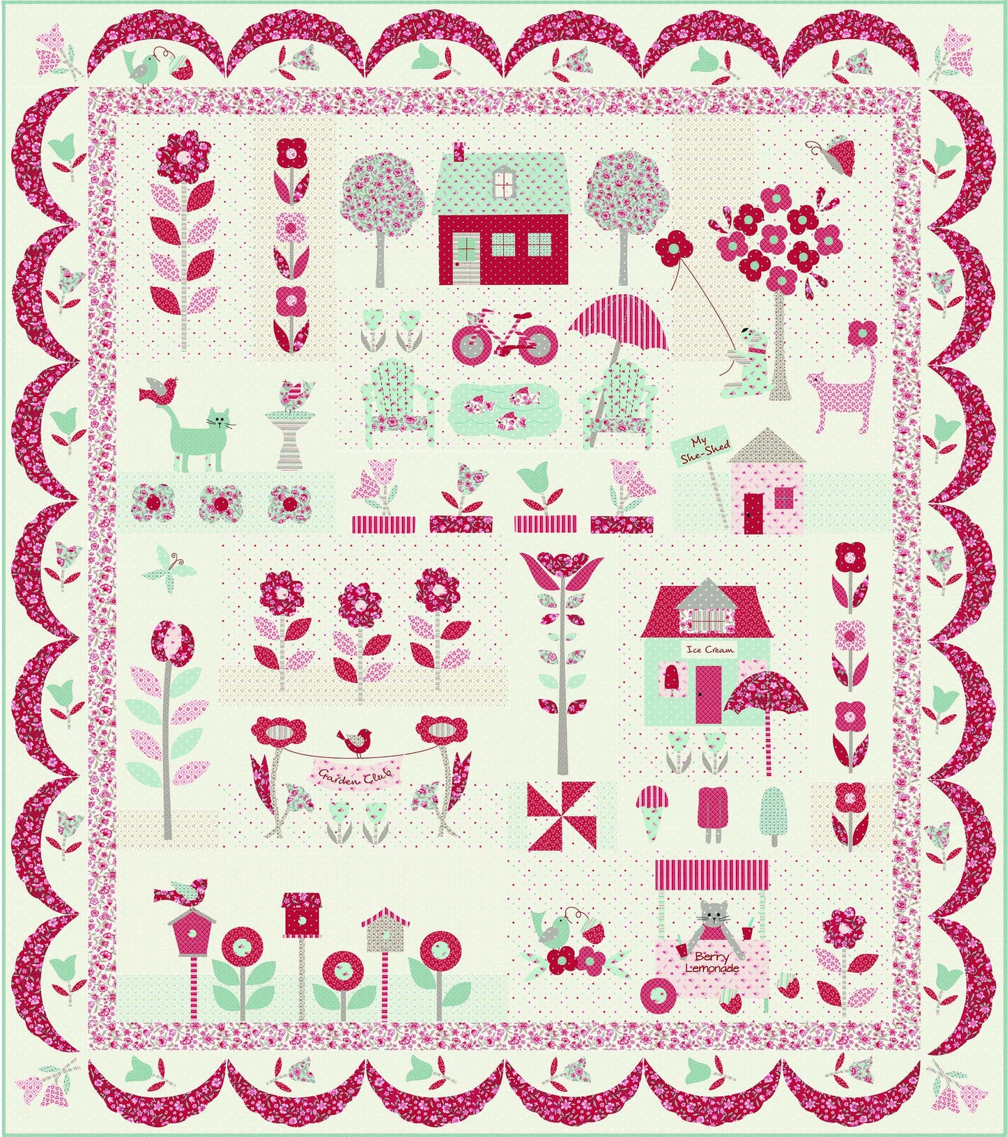 My Summer House Trellis Blooms Small Floral Aqua Blue Red by Bunny Hill Designs Patriotic July 4th for Moda Cotton Quilting Fabric yard