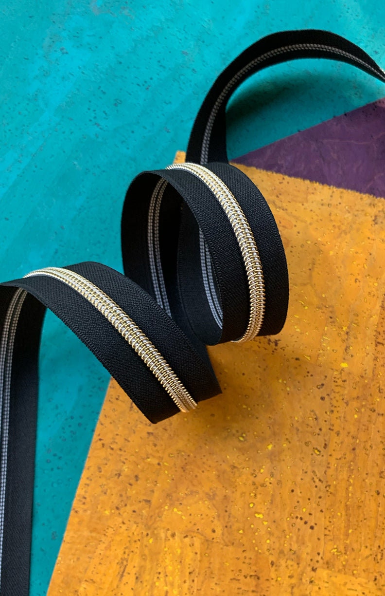 Black & Gold Zipper By The Yard from Sassafras Lane Designs - 3 Yards, Size #5 - PULLS NOT INLCUDED