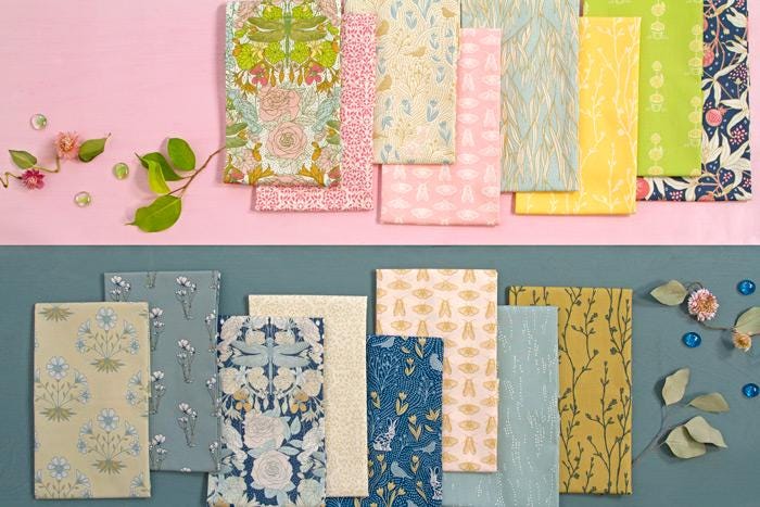 Growing Buds Shadow from Spring Equinox by Art Gallery Fabrics Blue White Gold Floral Bird Cotton Quilt Fabric by the Yard by Katie O'Shea