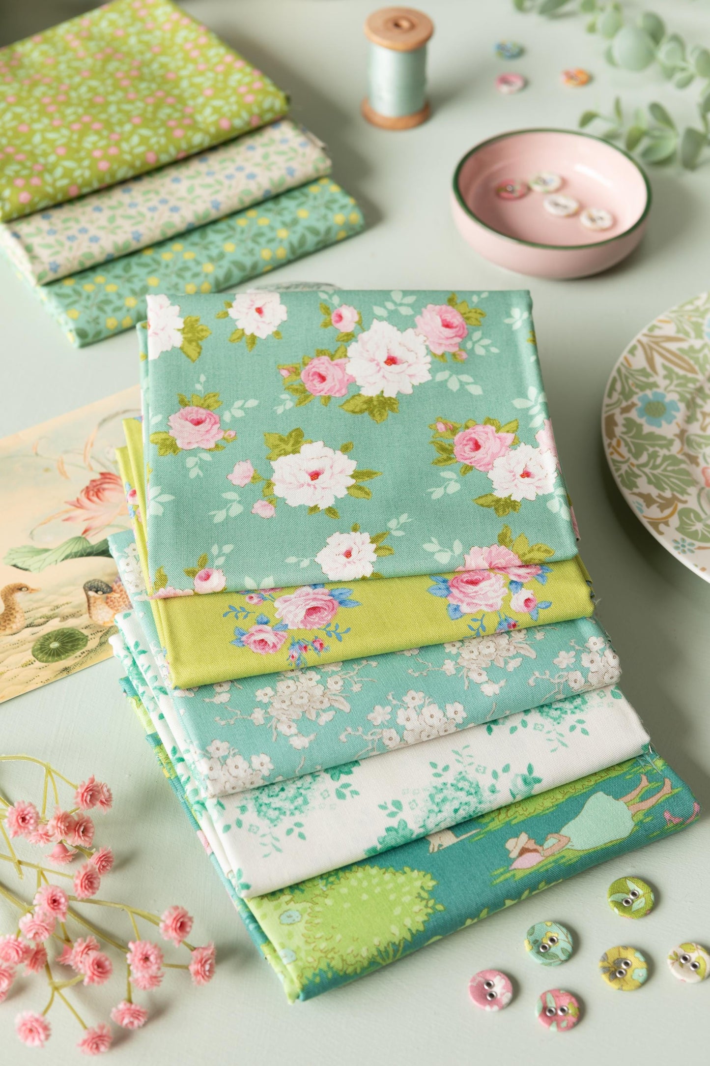 Tilda Sunday Brunch Mia White Flower Teal Blue Green Spring Summer Floral Cotton Quilting Fabric by the Yard