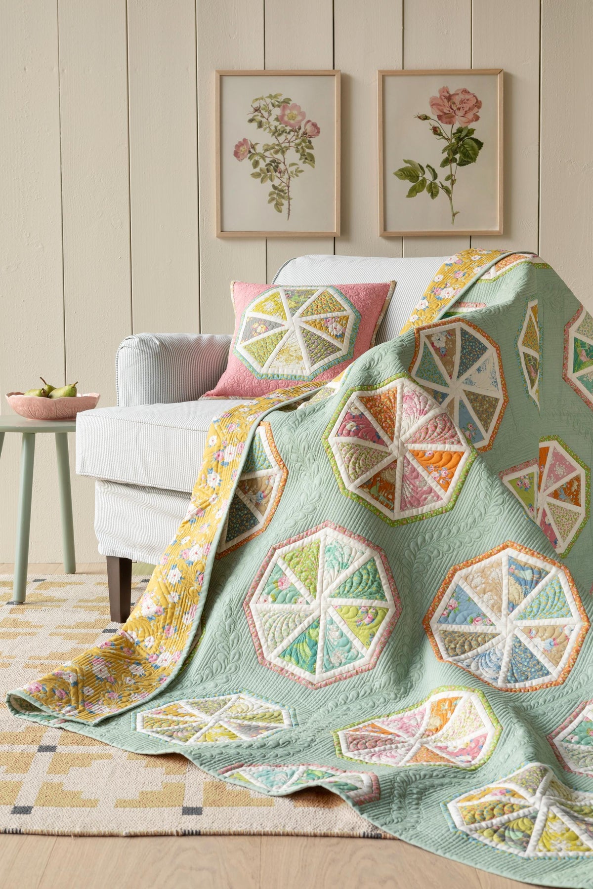 Tilda Sunday Brunch Grey Gray Yellow Gold Pink White Flower Spring Summer Floral Cotton Quilting Fabric by the Yard