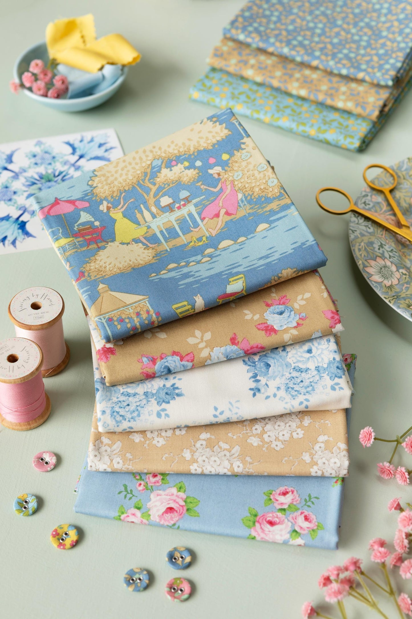Tilda Sunday Brunch Blue White Flower Trees Spring Summer Floral Cotton Quilting Fabric by the Yard