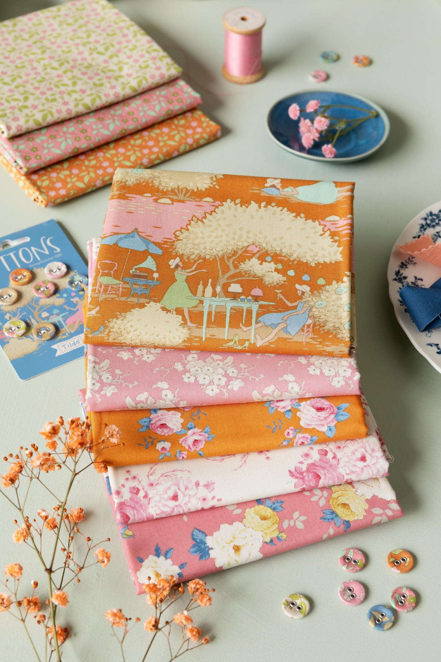 Tilda Sunday Brunch Mille Ginger Orange Pink White Flower Spring Summer Floral Cotton Quilting Fabric by the Yard