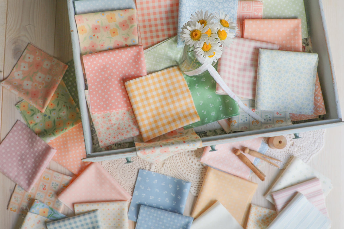 Cottage Charm Koral Kicks Peach Pink Sweet Flower Stamp Heather Briggs My Sew Quilty Life Moda Floral Summer Spring Cotton Quilting Fabric