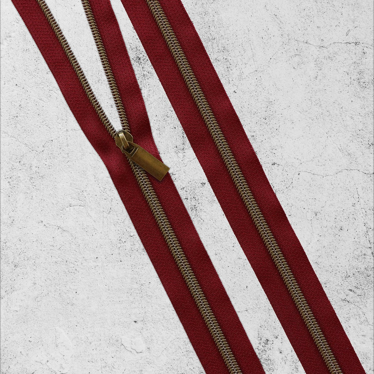 Burgundy Red & Antique Gold Brass Bronze Zipper By The Yard + Pulls from Sallie Tomato - 3 Yards, Size #5, 9 Pulls INCLUDED