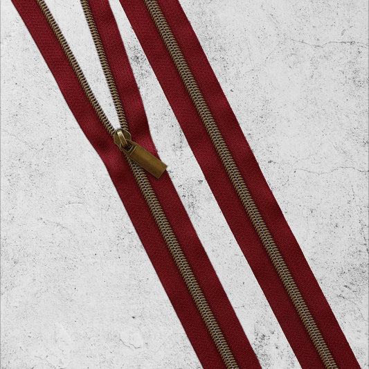 Burgundy Red & Antique Gold Brass Bronze Zipper By The Yard + Pulls from Sallie Tomato - 3 Yards, Size #5, 9 Pulls INCLUDED