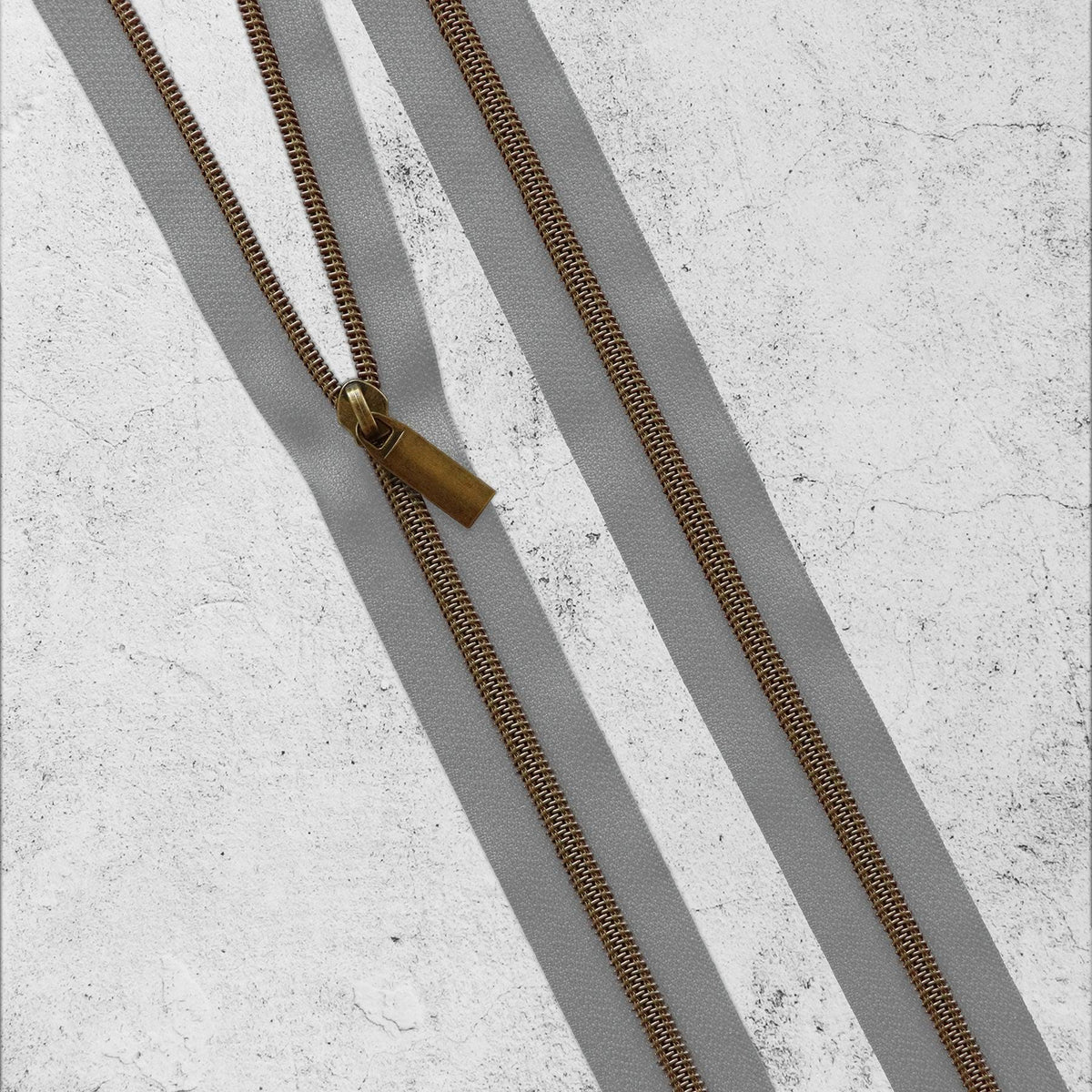 Grey Gray & Antique Gold Brass Bronze Zipper By The Yard + Pulls from Sallie Tomato - 3 Yards, Size #5, 9 Pulls INCLUDED