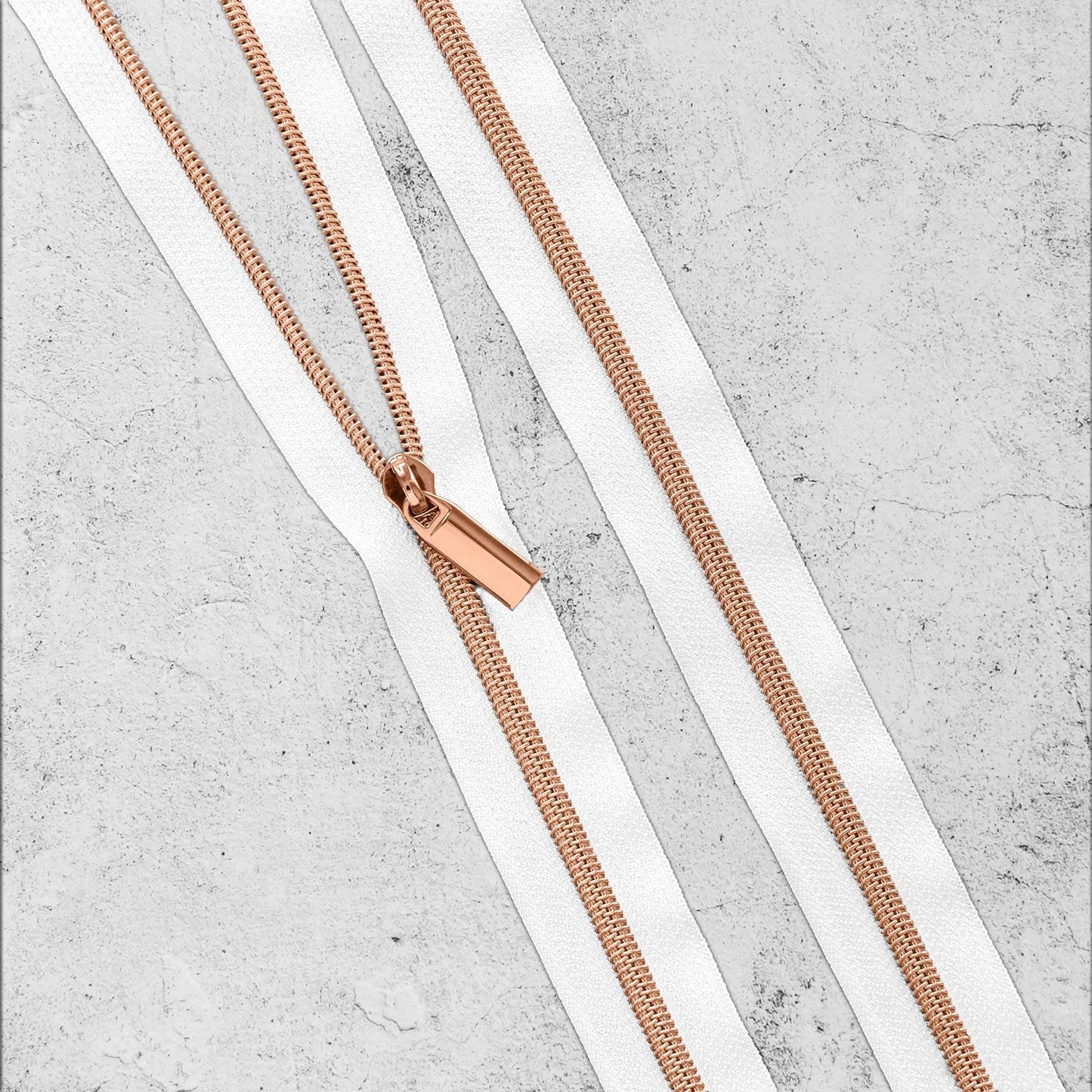 White & Rose Gold Brass Bronze Zipper By The Yard + Pulls from Sallie Tomato - 3 Yards, Size #5, 9 Pulls INCLUDED