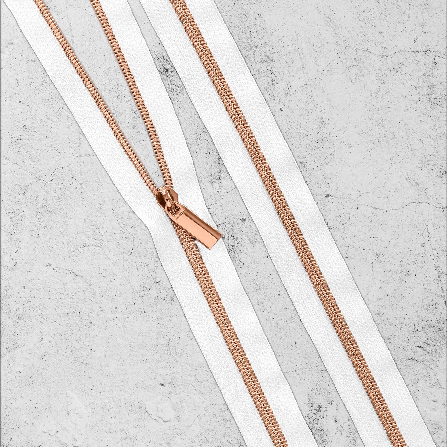 White & Rose Gold Brass Bronze Zipper By The Yard + Pulls from Sallie Tomato - 3 Yards, Size #5, 9 Pulls INCLUDED