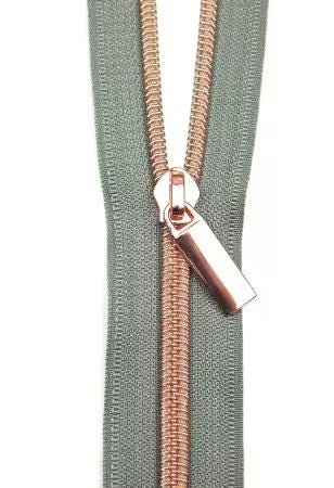 Grey Gray & Rose Gold Brass Bronze Zipper By The Yard + Pulls from Sallie Tomato - 3 Yards, Size #5, 9 Pulls INCLUDED