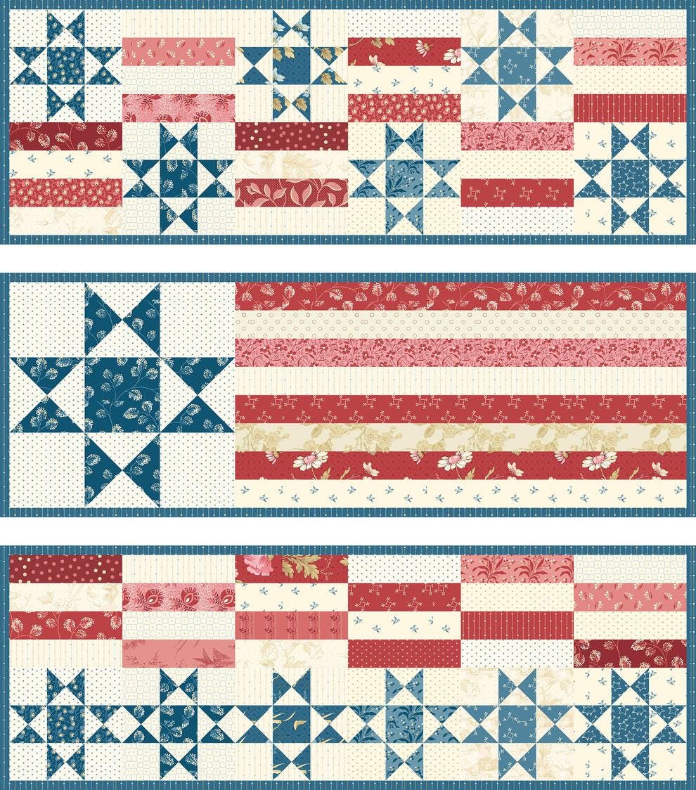 4th of July Trio Quilted Table Runner Pattern by Laundry Basket Quilts - PAPER Pattern Patriotic July 4th Scrappy Patchwork Quilt Pattern