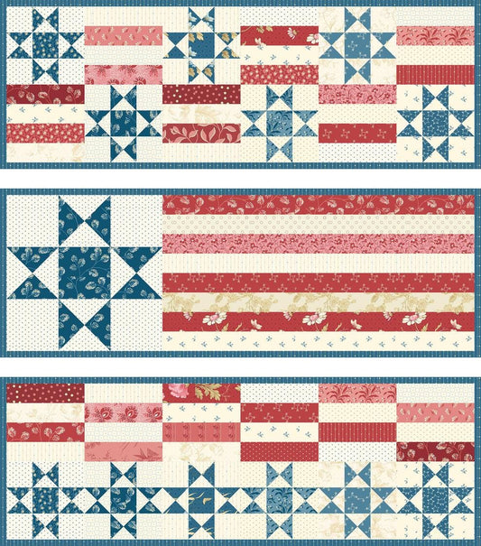 4th of July Trio Quilted Table Runner Pattern by Laundry Basket Quilts - PAPER Pattern Patriotic July 4th Scrappy Patchwork Quilt Pattern