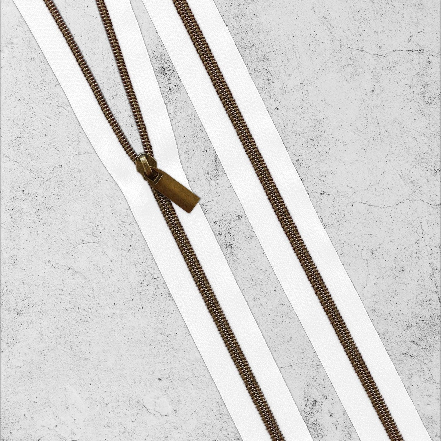 White & Antique Gold Brass Bronze Zipper By The Yard + Pulls from Sallie Tomato - 3 Yards, Size #5, 9 Pulls INCLUDED