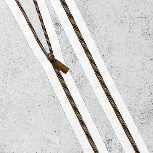 White & Antique Gold Brass Bronze Zipper By The Yard + Pulls from Sallie Tomato - 3 Yards, Size #5, 9 Pulls INCLUDED