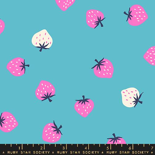 Ruby Star Society Strawberry Turquoise Teal Blue Pink White by Kimberly Knight for Moda Retro Floral Summer Spring Cotton Quilting Fabric