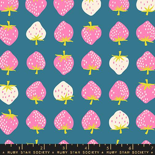 Ruby Star Society Strawberry Storytime Blue Gray Pink White by Kimberly Knight for Moda Retro Floral Summer Spring Cotton Quilting Fabric