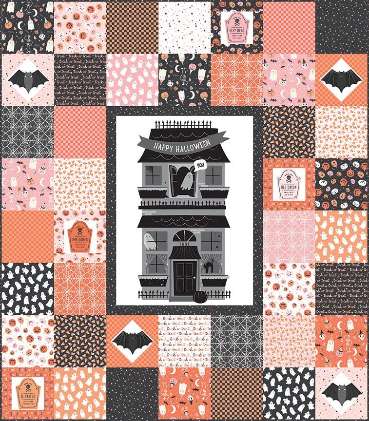 Hey Pumpkin Happy Halloween Haunted House Panel Halloween Fall Cotton Quilting Fabric by My Minds Eye for Riley Blake Quilt Fabric the yard