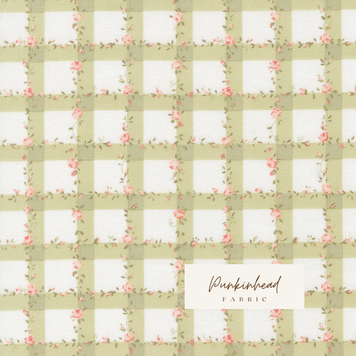 Abide Light Green White Plaid Gingham Check Floral Vine by Brenda Riddle for Moda Cotton Quilting Fabric by the yard