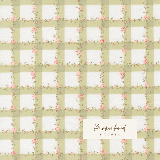 Abide Light Green White Plaid Gingham Check Floral Vine by Brenda Riddle for Moda Cotton Quilting Fabric by the yard