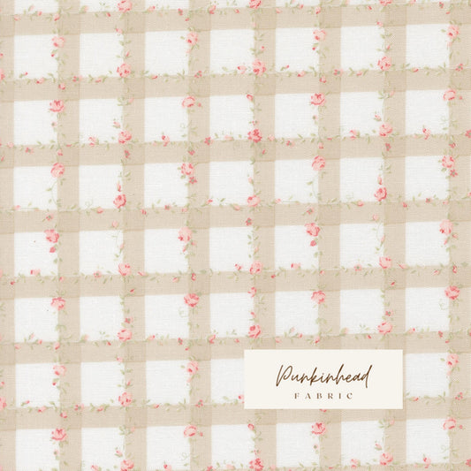 Abide Stone Taupe Tan White Plaid Gingham Check Floral Vine by Brenda Riddle for Moda Cotton Quilting Fabric by the yard
