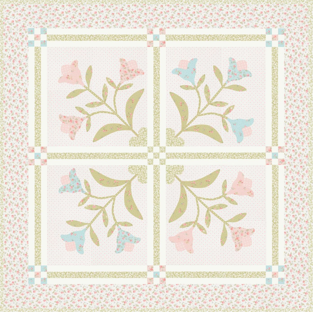 Abide Light Blue Pink Green White Vintage Small Floral by Brenda Riddle for Moda Cotton Quilting Fabric by the yard