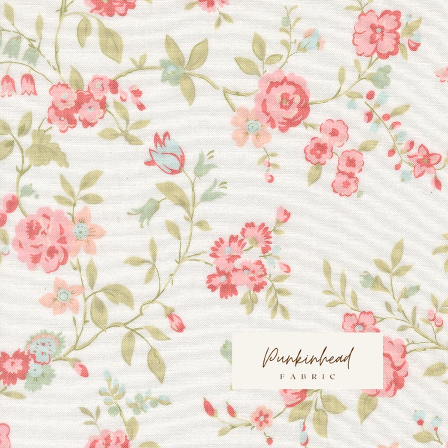 Abide White Linen Pink Blue Green Vintage Floral by Brenda Riddle for Moda Cotton Quilting Fabric by the yard