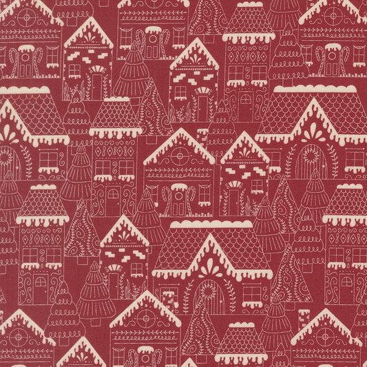 Gingerbread Lane Houses & Trees Cranberry Red Burgundy by Kiley's Quilt Room for Moda Christmas Holiday Cotton Quilting Fabric by the yard