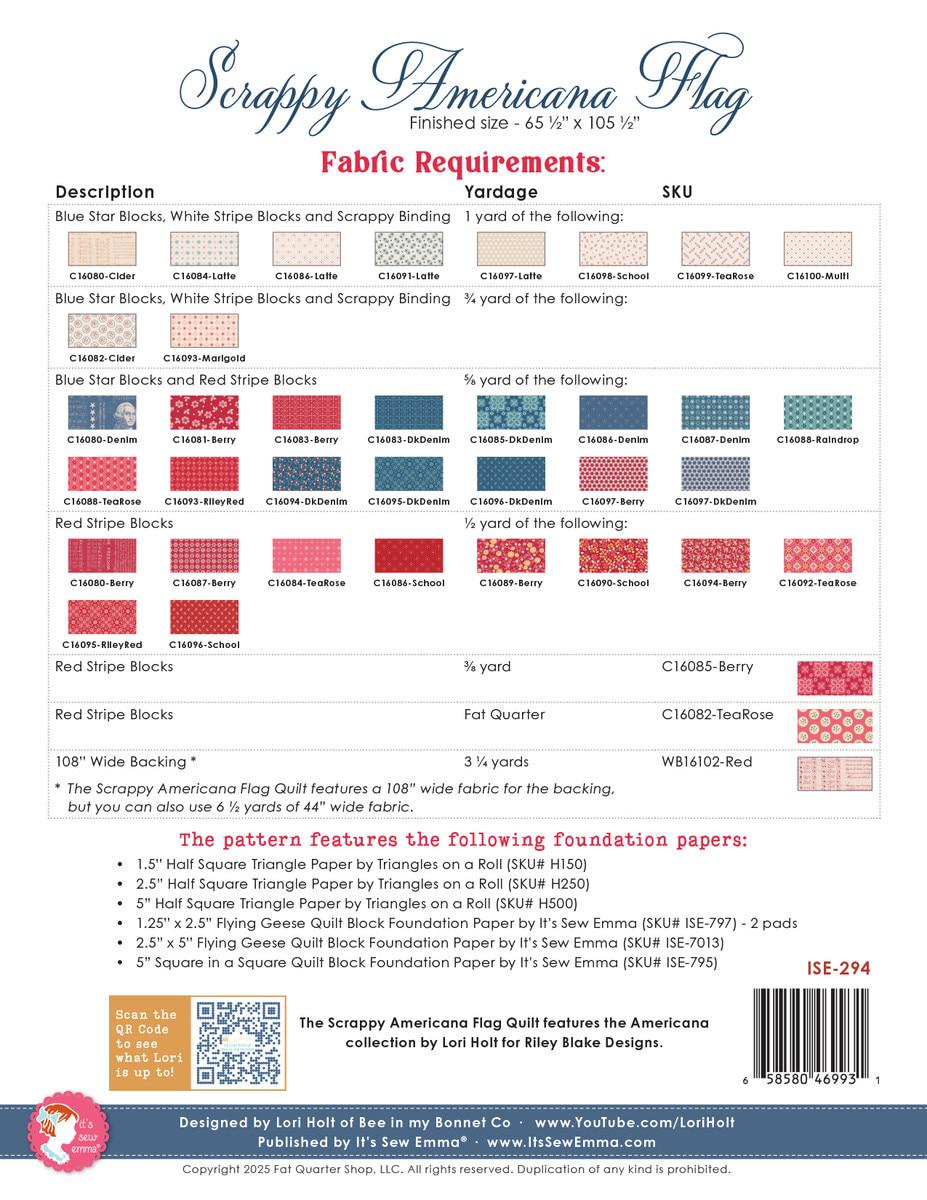 Scrappy Americana Flag Quilt Pattern by Lori Holt & It's Sew Emma - PAPER Pattern July 4th Patriotic American Flag Quilt Pattern