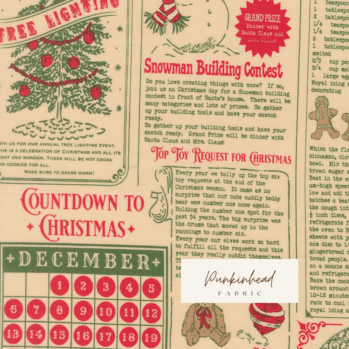 Holiday Cheer North Pole Newsprint Natural Cream Vintage Christmas Fabric by Stacy Iest Hsu for Moda Cotton Quilting Fabric by the Yard