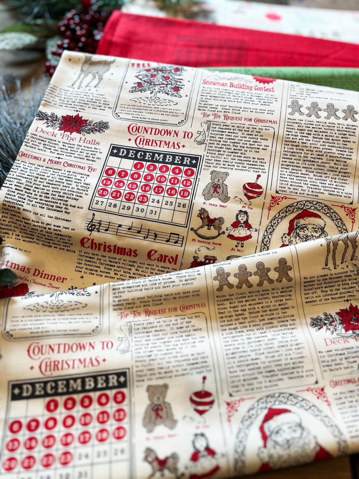 Holiday Cheer North Pole Newsprint Poinsettia Red Vintage Christmas Fabric by Stacy Iest Hsu for Moda Cotton Quilting Fabric by the Yard