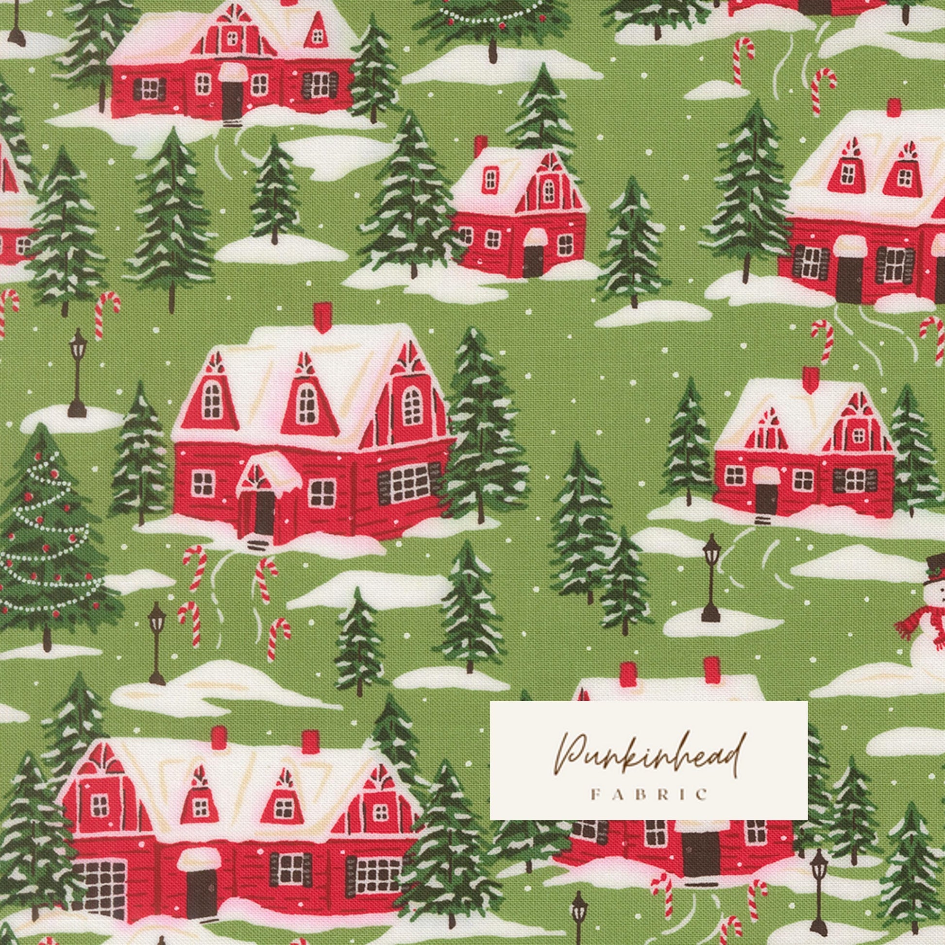 Holiday Cheer Cardinals Village Trees Mistletoe Green Vintage Christmas Fabric by Stacy Iest Hsu for Moda Cotton Quilting Fabric by the Yard