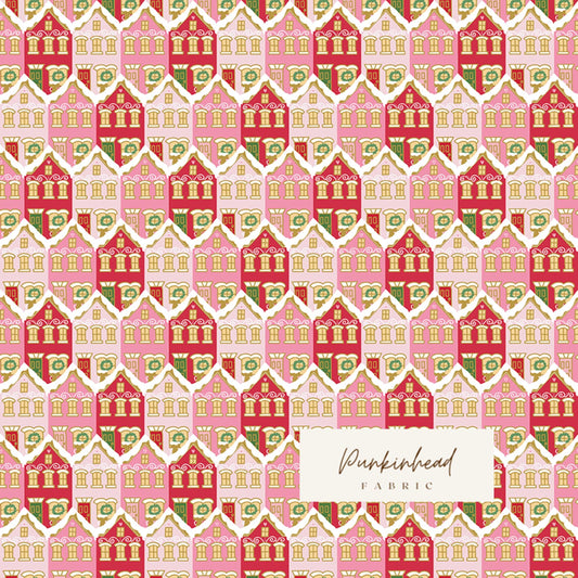 Claus & Co Retro Vintage Christmas Fabric Christmas Houses Gingerbread Red by Melissa Mortenson for Riley Blake Cotton Quilting Fabric Yard